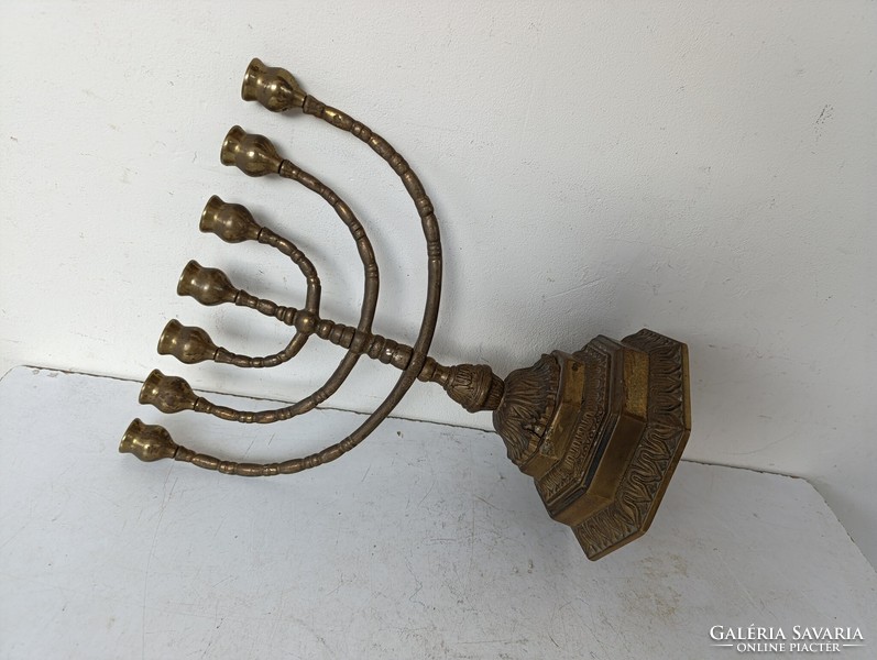 Antik menora judaika nagy réz zsidó gyertyatartó 7 ágú menóra lábán öntési anyaghiba repedés 527