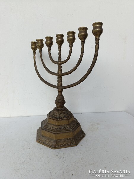 Antik menora judaika nagy réz zsidó gyertyatartó 7 ágú menóra lábán öntési anyaghiba repedés 527