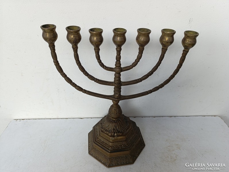 Antik menora judaika nagy réz zsidó gyertyatartó 7 ágú menóra lábán öntési anyaghiba repedés 527
