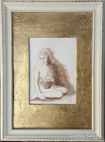 Akt gyümölcsökkel. 35x25cm külső, 17x12cm belső méretű miniatúra. Károlyfi Zsófia Prima díjas műve.