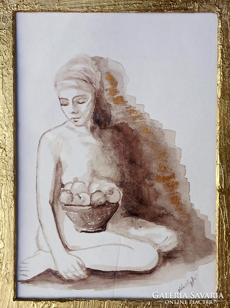 Akt gyümölcsökkel. 35x25cm külső, 17x12cm belső méretű miniatúra. Károlyfi Zsófia Prima díjas műve.
