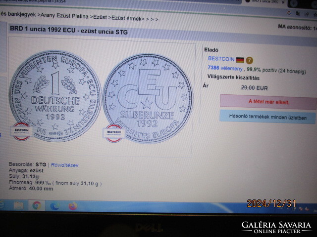 Német 1 Uncia ezüst 1 ECU,1992, 999/1000