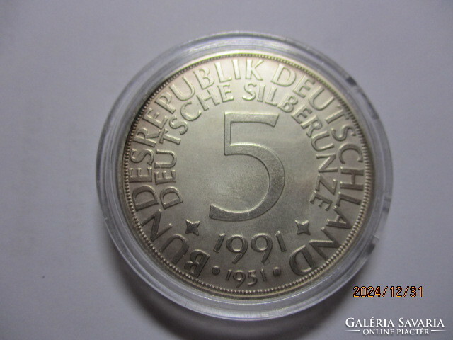 Német 1 Uncia 999/1000 ezüst 5 márka  40.évforduló  1991.