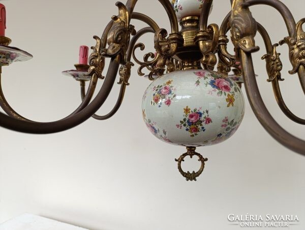 Antik 8 karú rózsa motívum porcelán betétes nagy flamand csillár eredeti gyertyákkal + 8 új izzó 765