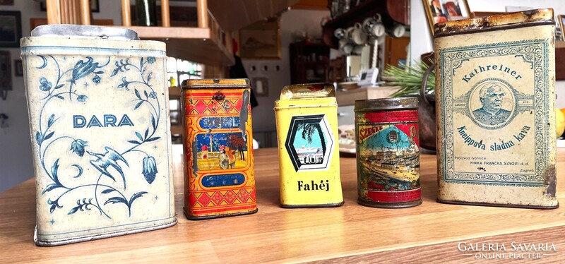 Régi fém pléh dobozok, Szent István cikória, Turán, Dara, Meinl tea, Kneipp maláta
