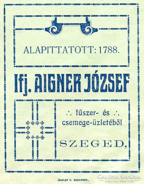 Tasak, zacskó: Fűszer, csemege. Aigner József Szeged.
