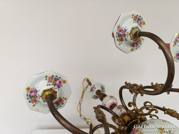 Antik 8 karú rózsa motívum porcelán betétes nagy flamand csillár eredeti gyertyákkal + 8 új izzó 765