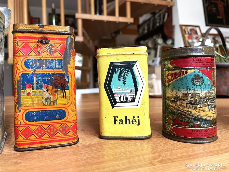 Régi fém pléh dobozok, Szent István cikória, Turán, Dara, Meinl tea, Kneipp maláta