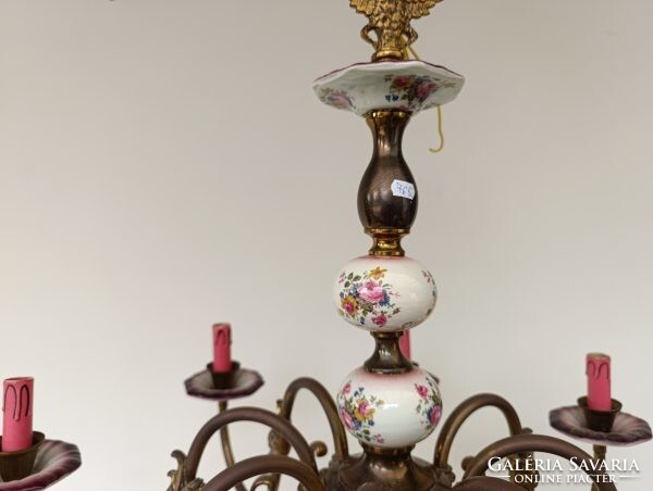 Antik 8 karú rózsa motívum porcelán betétes nagy flamand csillár eredeti gyertyákkal + 8 új izzó 765