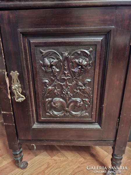 Régi faragott, felépítményes angol íróasztal