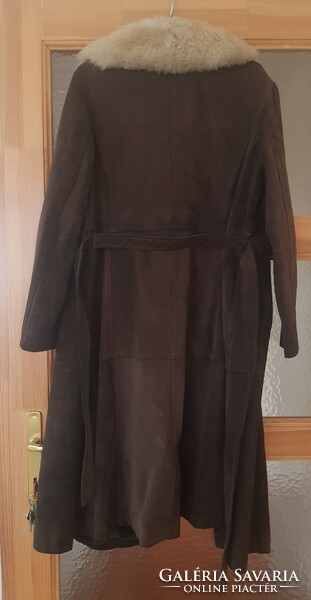 Női, hasított bőr kabát, prém gallérral ( vintage, retro ! )