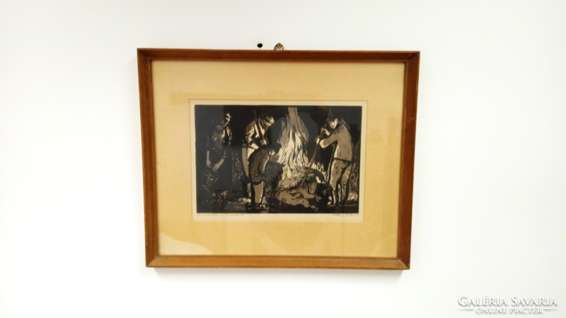 Stettner Béla / 1928-1984/, Munkácsy-díjas grafikus linómetszete " Disznóperzselés" 1958-as