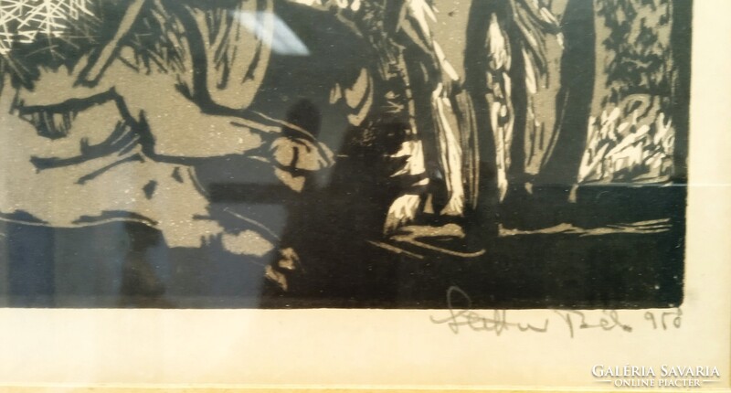 Stettner Béla / 1928-1984/, Munkácsy-díjas grafikus linómetszete " Disznóperzselés" 1958-as
