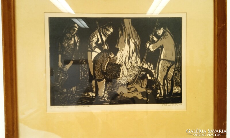 Stettner Béla / 1928-1984/, Munkácsy-díjas grafikus linómetszete " Disznóperzselés" 1958-as