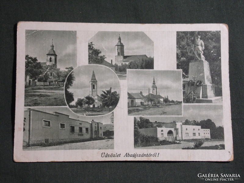 Képeslap,Abaújszántó,mozaik,templon,iskola,utca,hősi emlékmű látkép,részlet,1944-