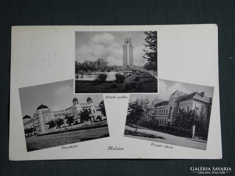 Képeslap,Mohács,mozaik,városháza,emlékmű,iskola,Gárdony Fenyvesi kiadás Bp.,1939-
