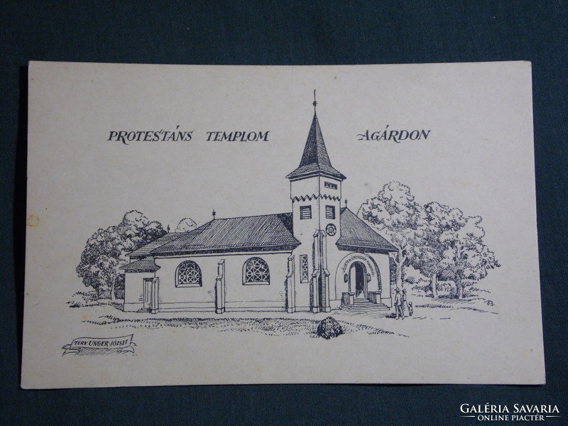 Képeslap,Agárd,Protestáns templom látkép,grafikai,rézkarc,Kellner Ernő kiadás Budapest,,1920-
