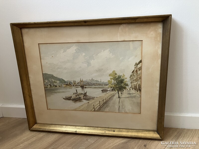 Wonderful watercolor painting, quay with the Liberty Bridge