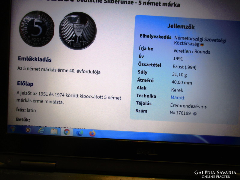 Német 1 Uncia 999/1000 ezüst 5 márka  40.évforduló  1991.