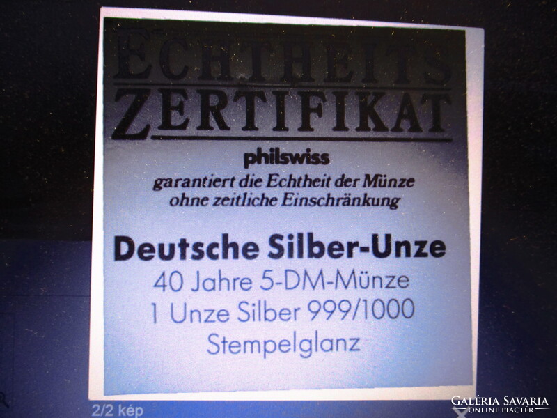 Német 1 Uncia 999/1000 ezüst 5 márka  40.évforduló  1991.