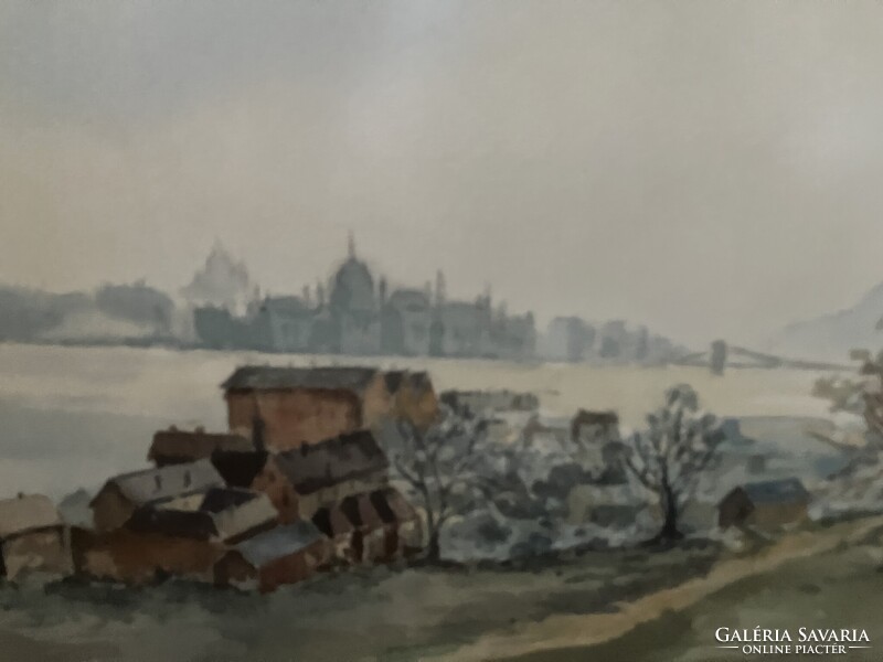 Wonderful watercolor painting, country house, chain bridge