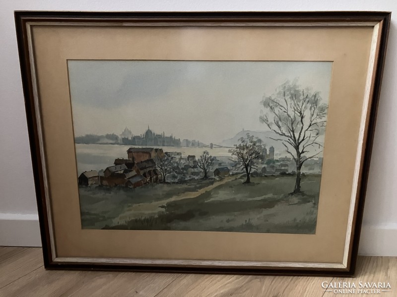 Wonderful watercolor painting, country house, chain bridge