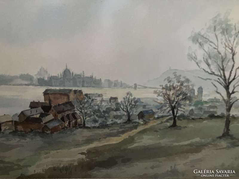 Wonderful watercolor painting, country house, chain bridge