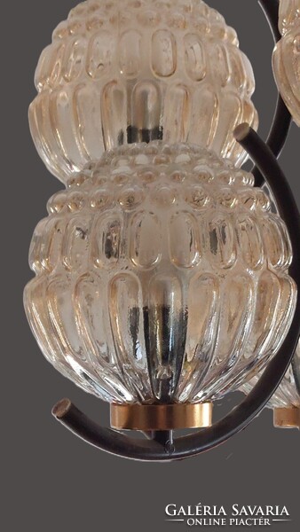 Retro,vintage szarvasi 6 ágú külonleges üveg burás csillár, mennyezeti lámpa, mid century,space age