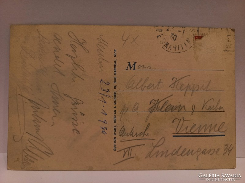 Antik francia képeslap Menton Promenádé pecsét 1930