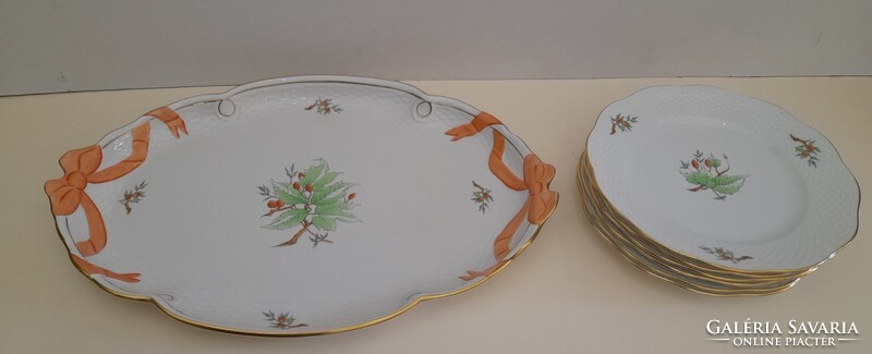Herendi hecsedli v. csipkebogyó mintás szalagfüles tálca + 6 süteményes/desszertes porcelán tányér