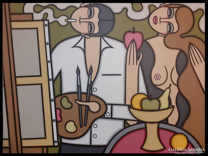 Art Deco stílusú festmény- Guena- 60x80cm -LE PEINTRE,LA MUSE ET LA POMME ...