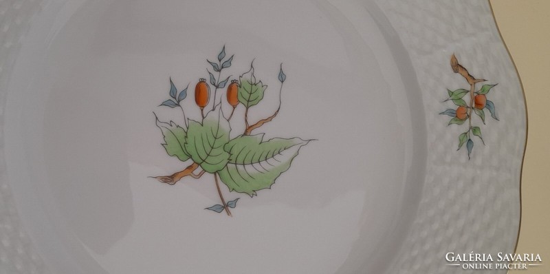 Herendi hecsedli v. csipkebogyó mintás szalagfüles tálca + 6 süteményes/desszertes porcelán tányér