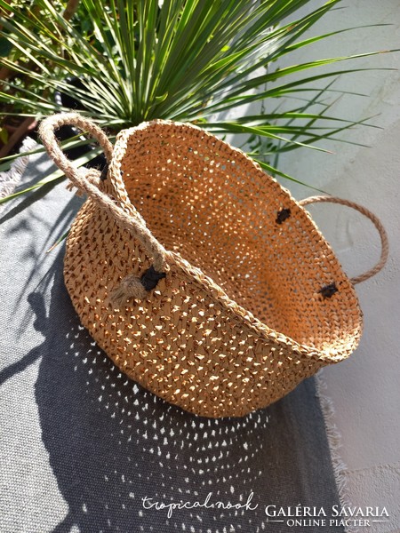 Új, raffia rafia tároló kosár juta füllel