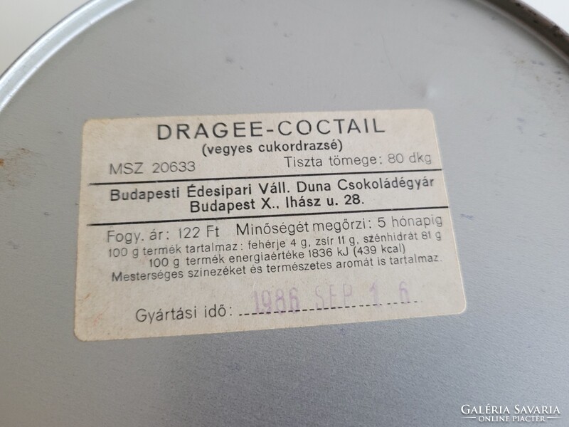Régi retro 1986 Dragee coctail édesség fémdoboz Duna Csokoládégyár pléh doboz
