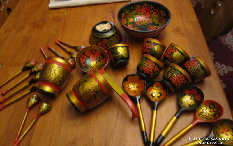 Tradicionális Orosz  festett lakk  fa kanál    pohár csomag