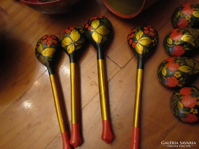 Tradicionális Orosz  festett lakk  fa kanál    pohár csomag