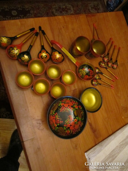 Tradicionális Orosz  festett lakk  fa kanál    pohár csomag
