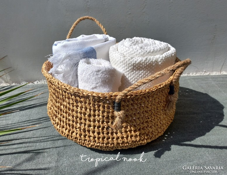 Új, raffia rafia tároló kosár juta füllel