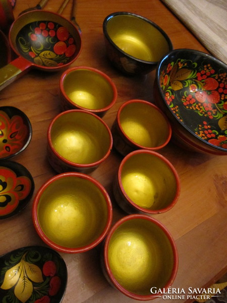 Tradicionális Orosz  festett lakk  fa kanál    pohár csomag