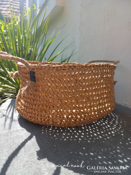 Új, raffia rafia tároló kosár juta füllel