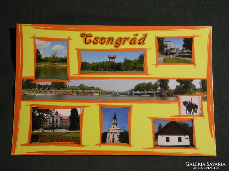 Képeslap,Csongrád,mozaik,híd,tanácsháza,áruház,templom,harangláb,tájház látkép,részlet,2000-