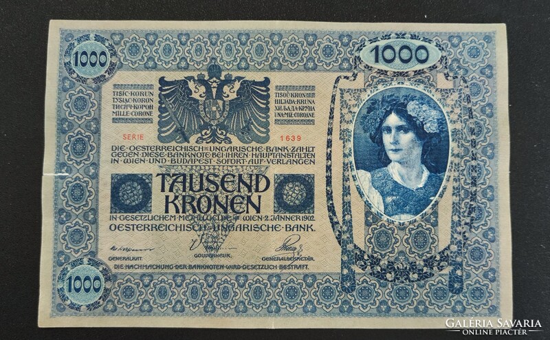 OMM 1000 korona, 1920 (1902, VG+) osztrák kiadás, DÖ felülbélyegzéssel