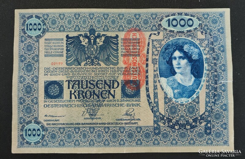 OMM 1000 korona, 1920 (1902, VG+) osztrák kiadás, DÖ felülbélyegzéssel