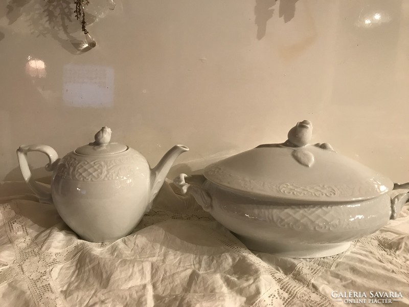 PORCELÁN - TÁL + KANNA - 32 x 18 x 16 cm - 22 x 15 x 13 cm - RÉGI - OSZTRÁK  - GYÖNYÖRŰ - HIBÁTLAN