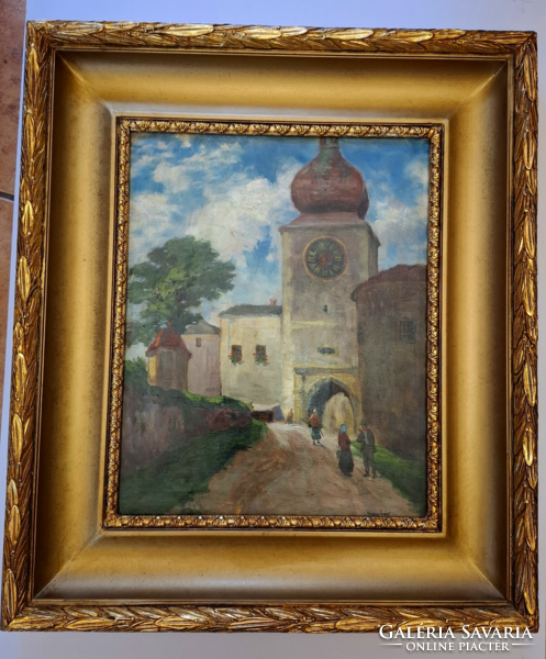 Eredeti, szignált Gimes Lajos (1886-1945) hannoveri városrészlet templommal olaj vászon festmény