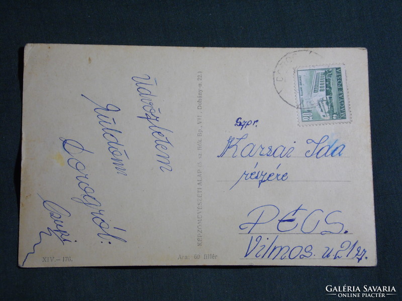 Képeslap,Dorog,József Attila művelődési ház,Orosz emlékmű,park látkép részlet, 1955-