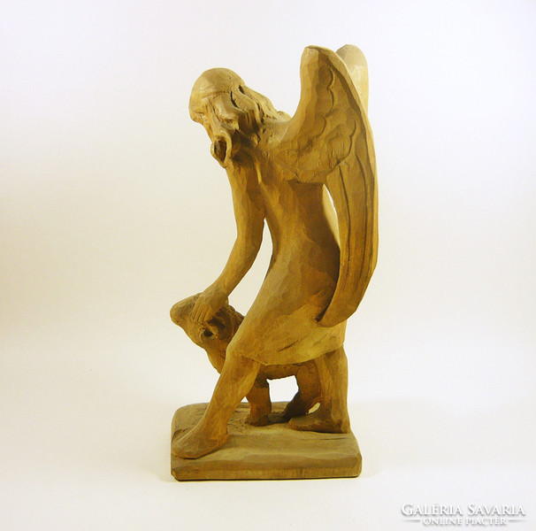 ANGYAL BÁRÁNNYAL 30 CM., JELZETT, FÁBÓL FARAGOTT FIGURA! (F006)
