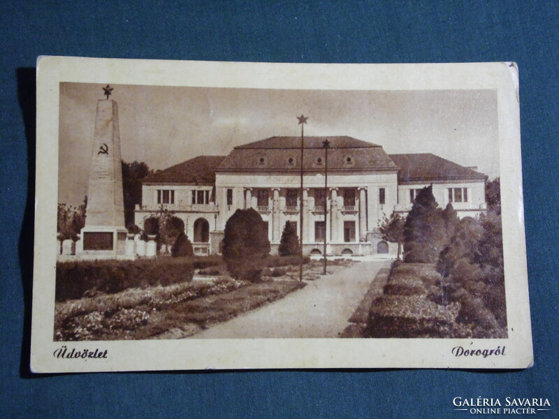 Képeslap,Dorog,József Attila művelődési ház,Orosz emlékmű,park látkép részlet, 1955-