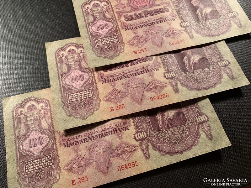 *** Hajtatlan 3 db os sorszámkövető 100 pengő  1930  ***
