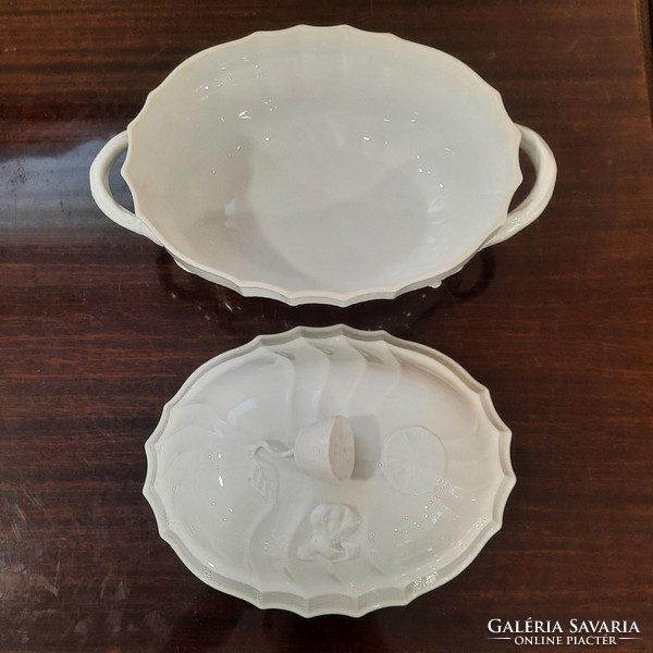 Fehér Herendi porcelán leveses tál citrom fogós fedővel